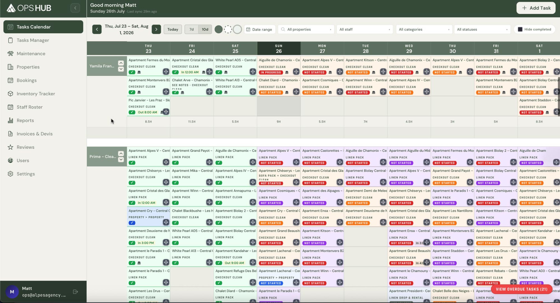 OpsHub operations calendar showing scheduled cleans and tasks